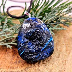 Nature Labradorite Carved Flashy Lotus & Carp Pendant Necklace